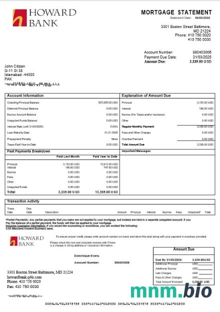 USA Maryland Howard Business Bank wyciąg z kredytu hipotecznego w formatach Word i PDF